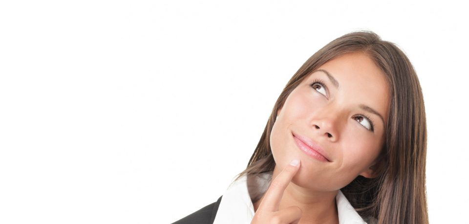 8297098 - portrait of woman thinking pensive looking up at copy space. beautiful young woman isolated on white background