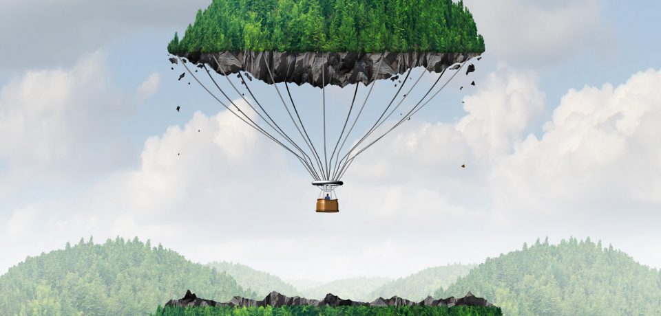 Imagination concept as a person lifting off with a detached top of a mountain floating up to the sky as a hot air balloon as a metaphor for the power of imagining traveling and dreaming of moving mountains.